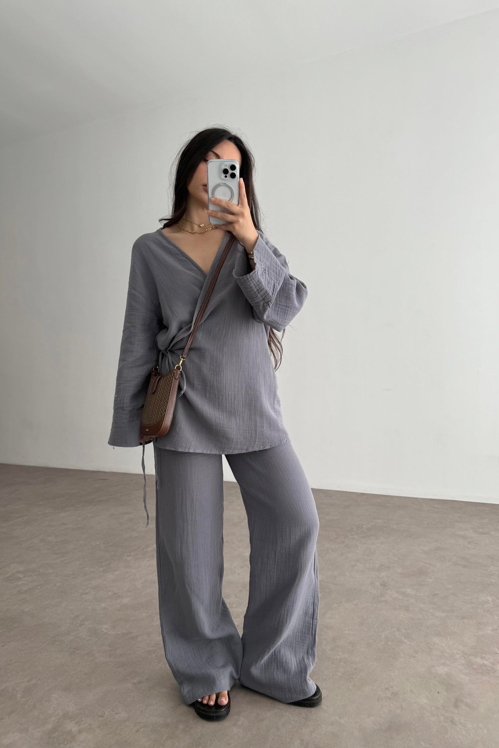 Müslin Kumaş Çapraz Bağlama Kimono Takım İndigo