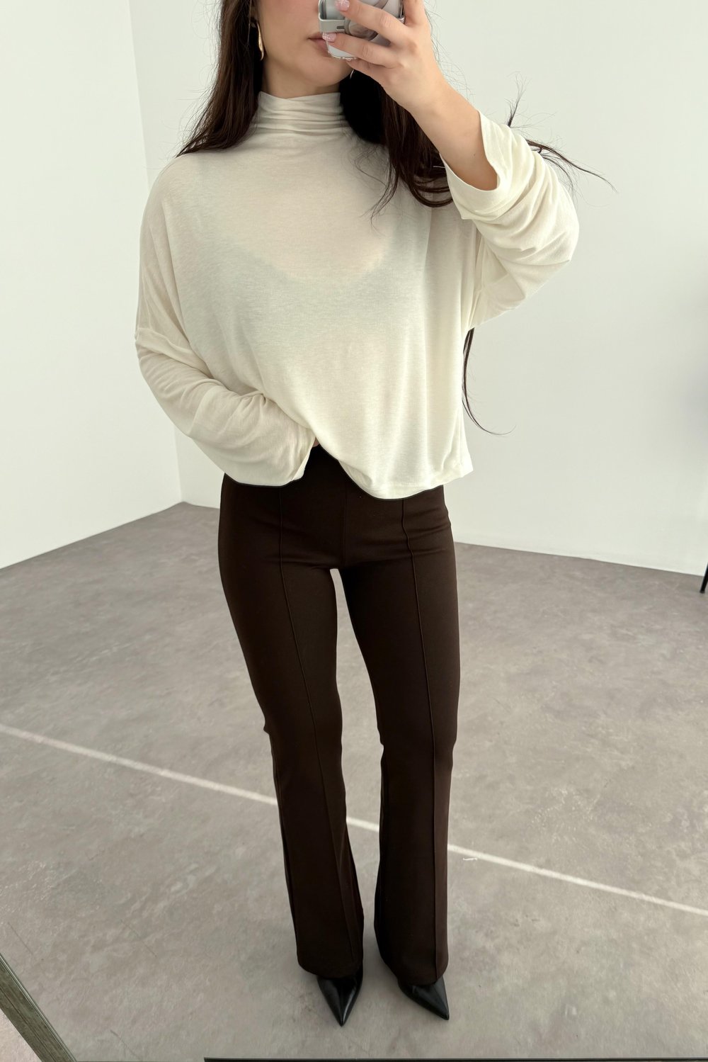 Nervürlü Yüksek Belli Flare Kesim Acı Kahve Tayt Pantolon