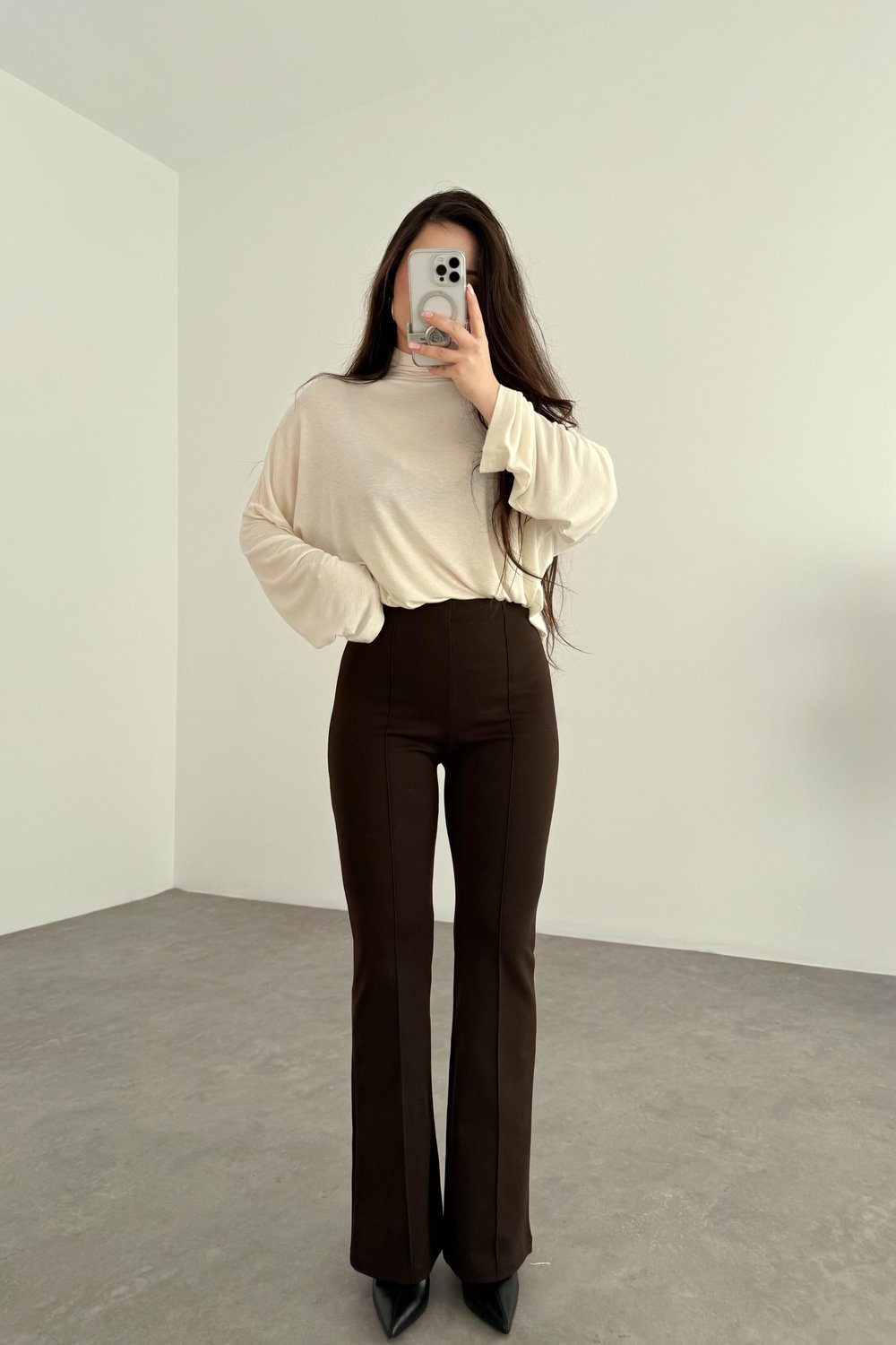 Nervürlü Yüksek Belli Flare Kesim Acı Kahve Tayt Pantolon