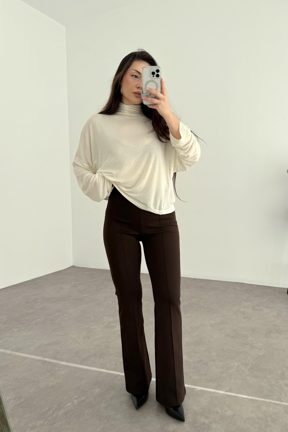 Nervürlü Yüksek Belli Flare Kesim Acı Kahve Tayt Pantolon