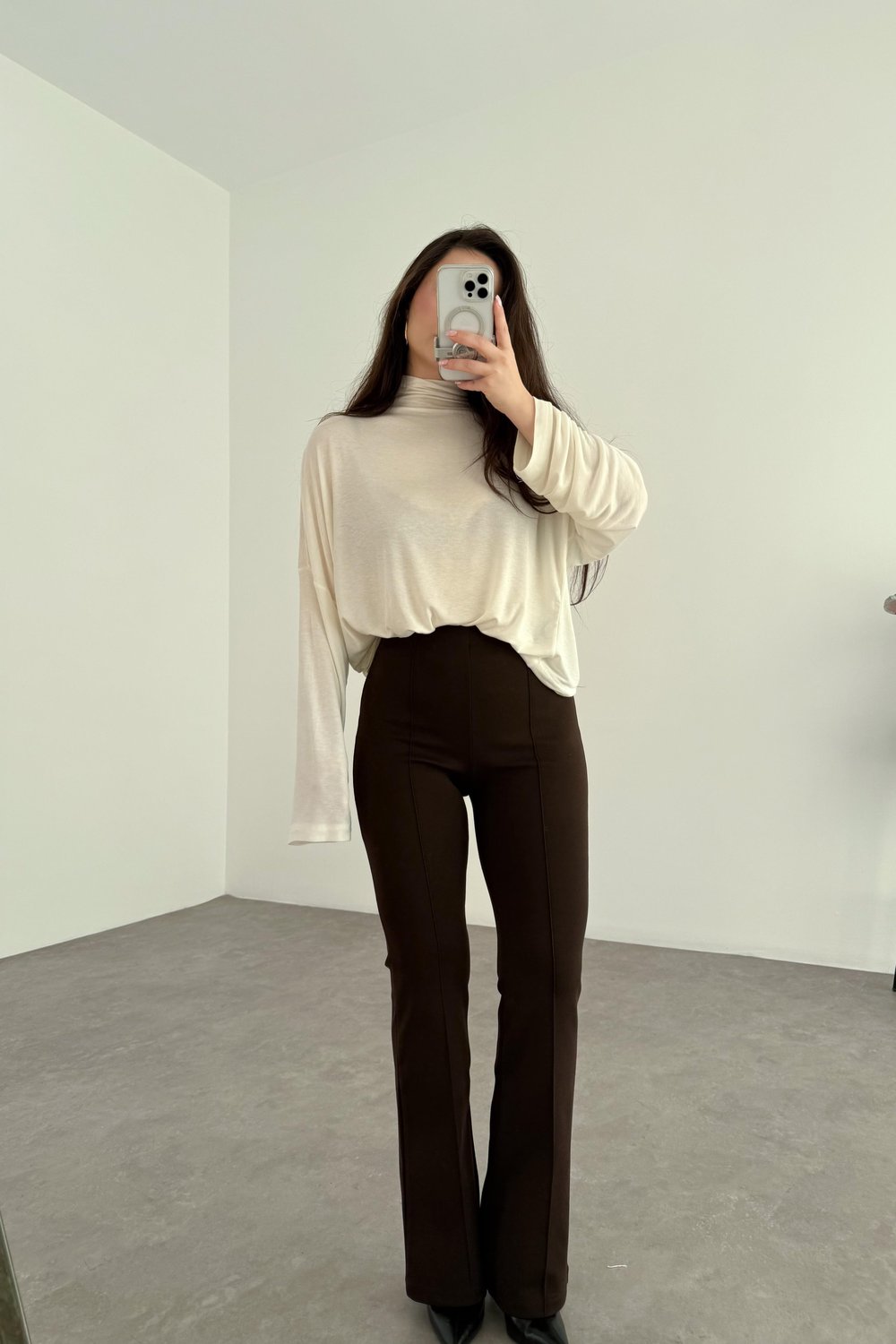 Nervürlü Yüksek Belli Flare Kesim Acı Kahve Tayt Pantolon