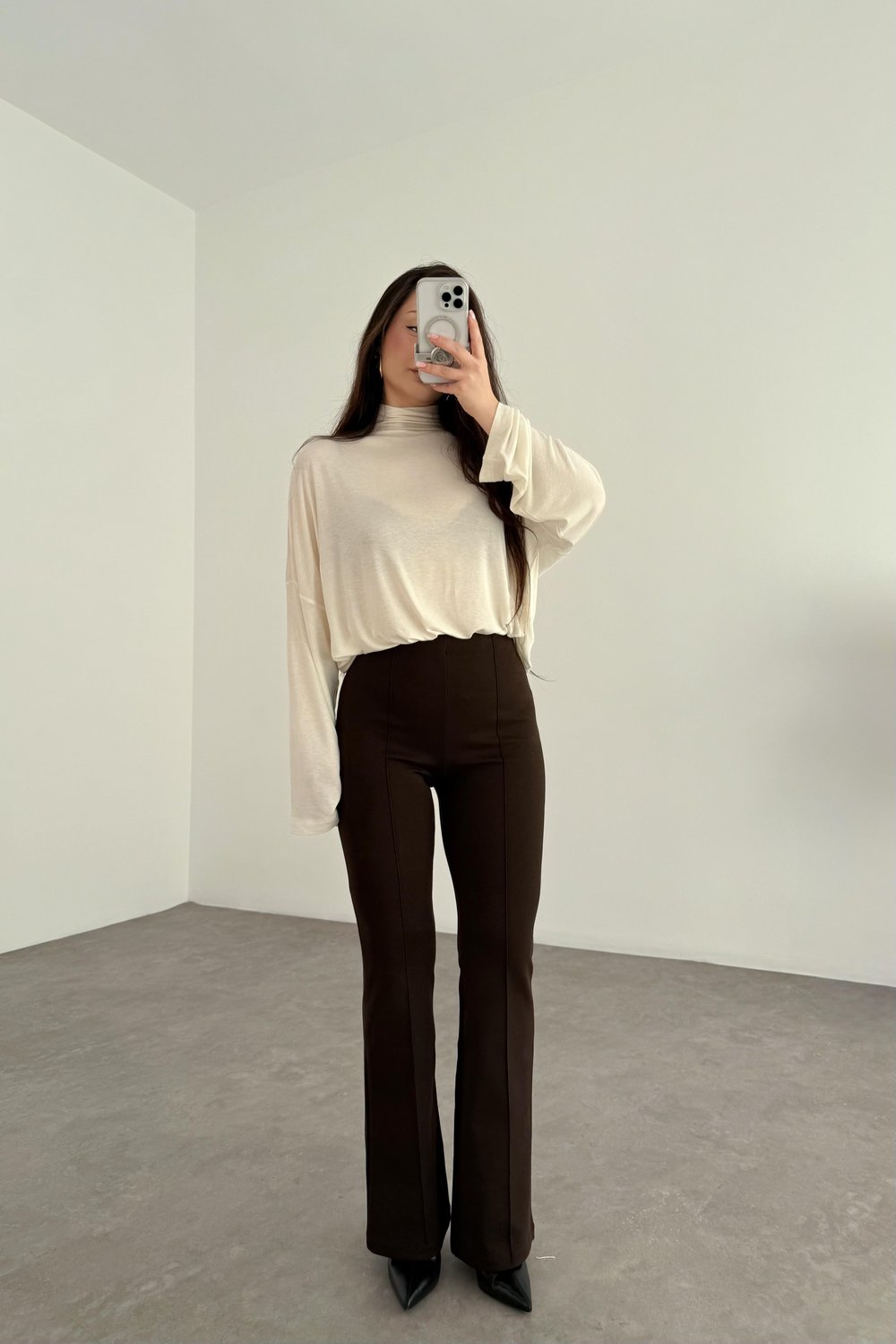 Nervürlü Yüksek Belli Flare Kesim Acı Kahve Tayt Pantolon