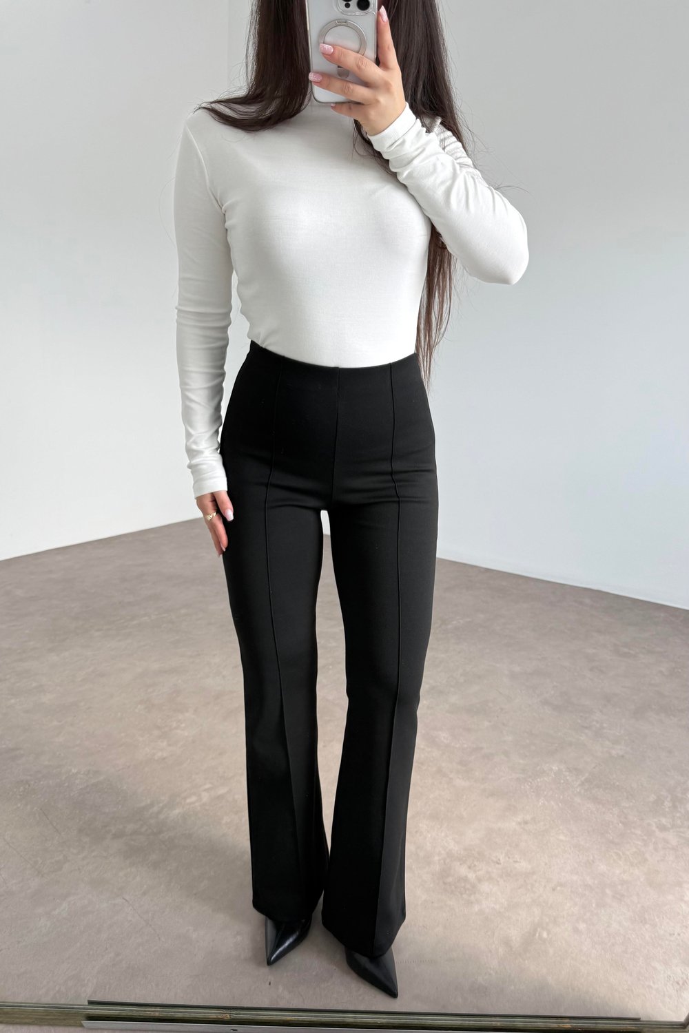 Nervürlü Yüksek Belli Flare Kesim Siyah Tayt Pantolon