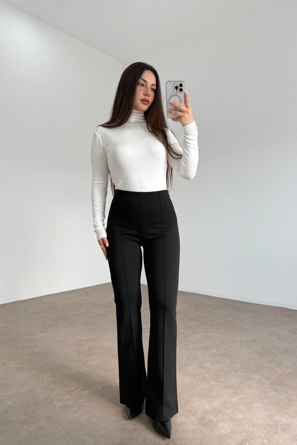 Nervürlü Yüksek Belli Flare Kesim Siyah Tayt Pantolon