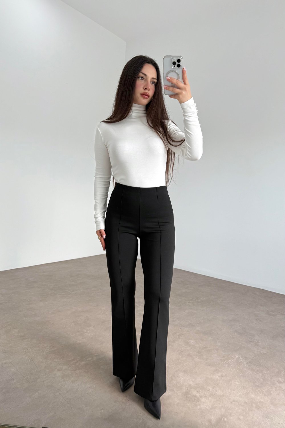Nervürlü Yüksek Belli Flare Kesim Siyah Tayt Pantolon