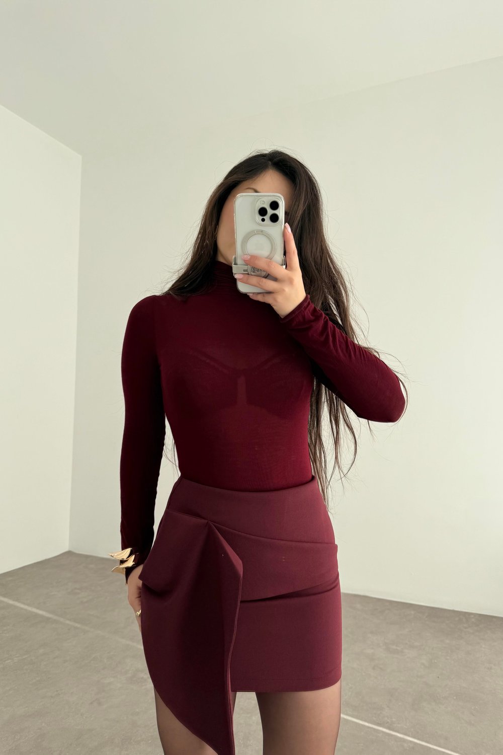 Önü Kat Detaylı Krep Bordo Mini Etek
