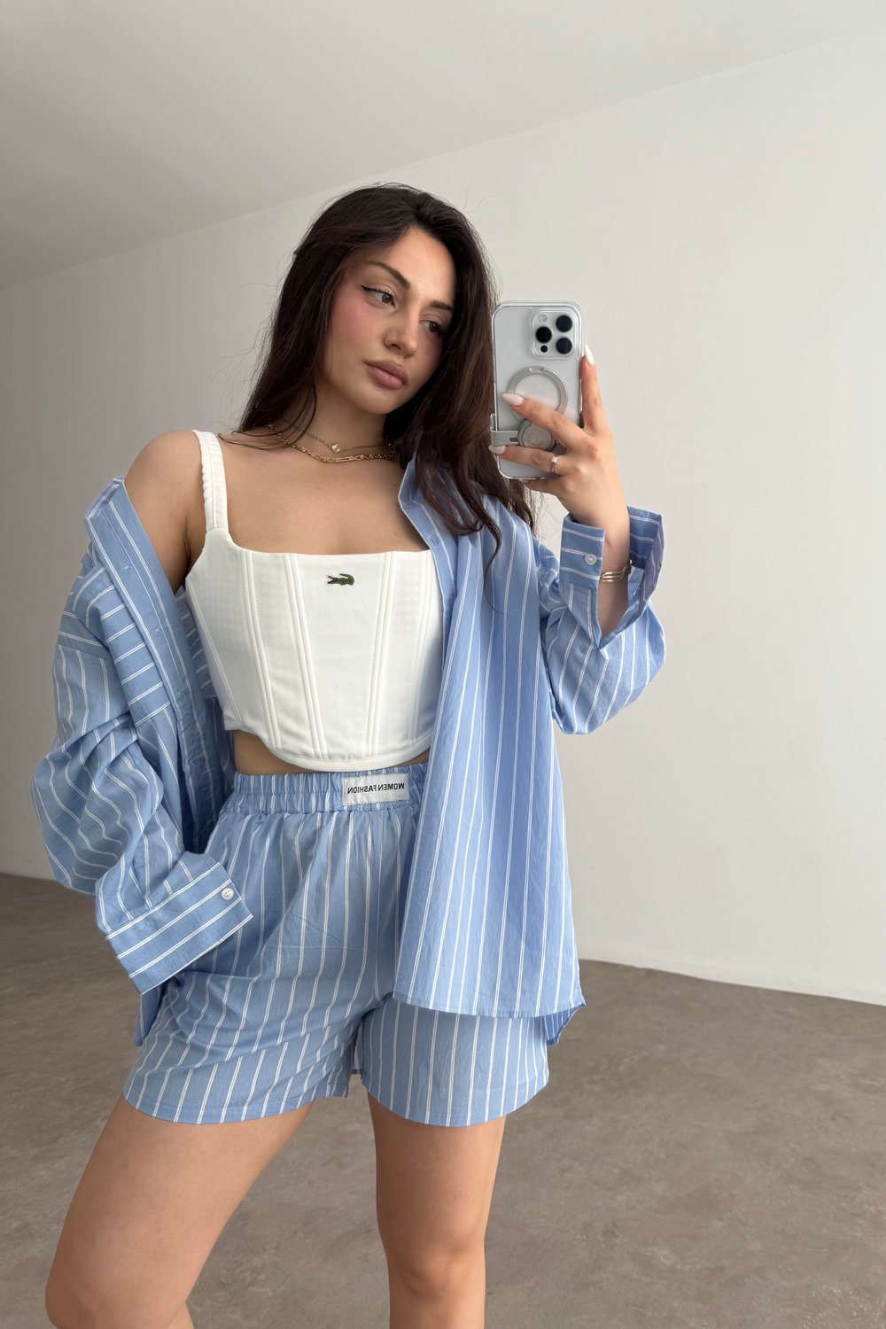 Oversize Çizgili Şort Gömlek Takım Mavi