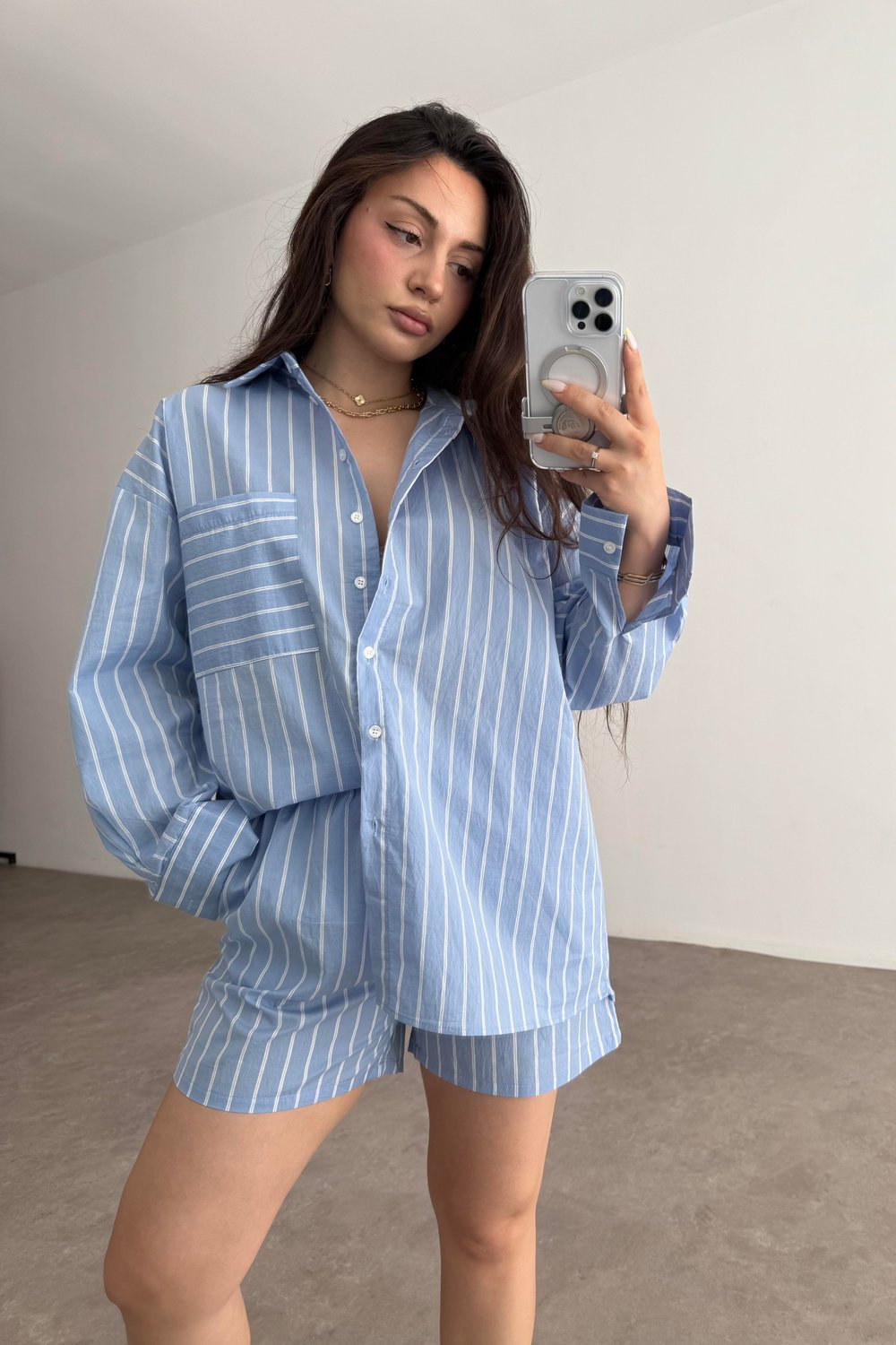 Oversize Çizgili Şort Gömlek Takım Mavi