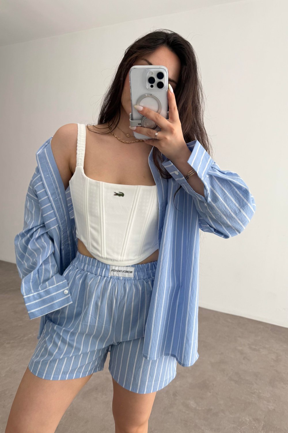 Oversize Çizgili Şort Gömlek Takım Mavi