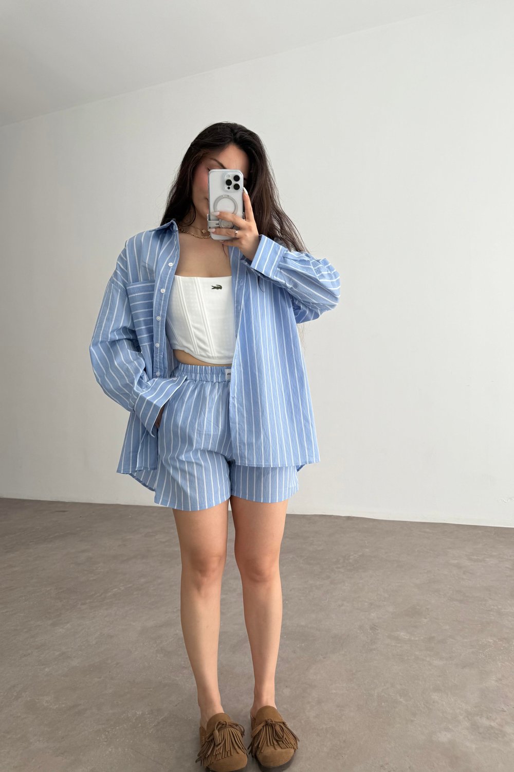 Oversize Çizgili Şort Gömlek Takım Mavi