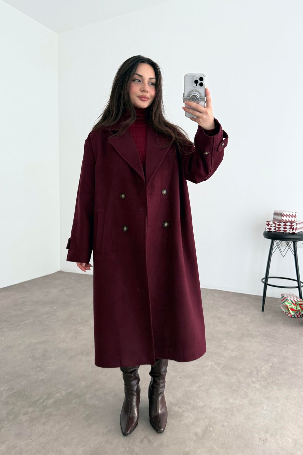 Oversize Kesim Düğmeli Kruvaze Bordo Kaban