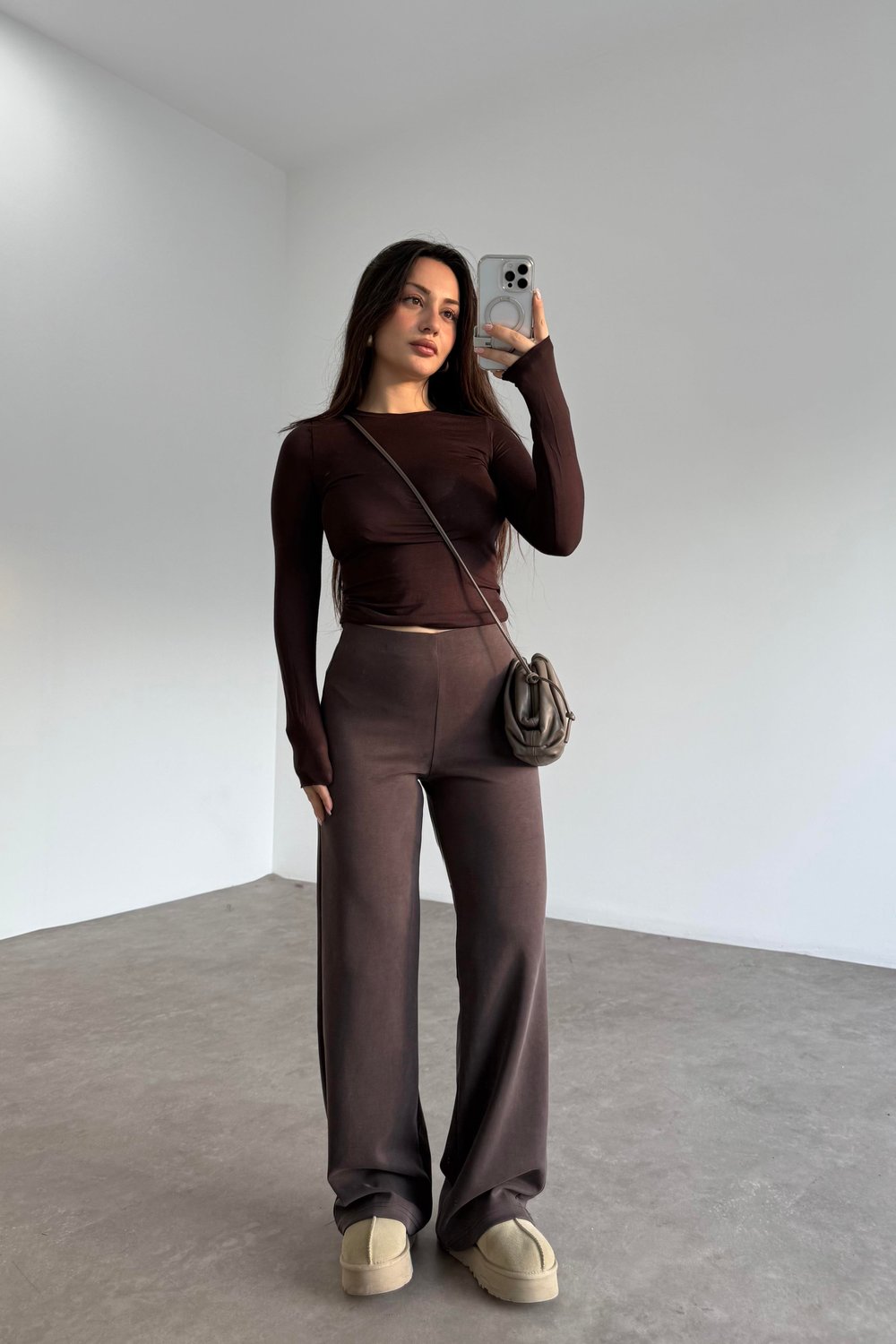 Oys. Modal Likralı Yüksek Belli Kahve Spor Pantolonu