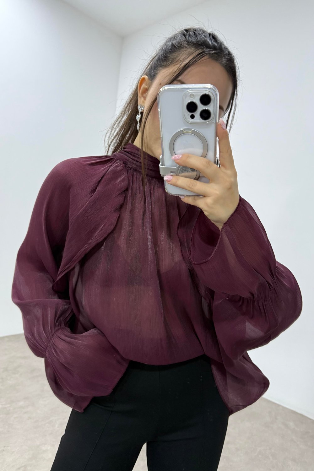 Peri Kumaş Bağlama Detaylı Bordo Şık Bluz