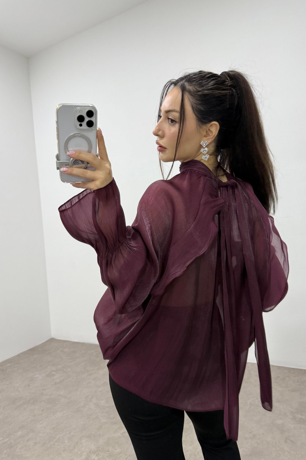 Peri Kumaş Bağlama Detaylı Bordo Şık Bluz