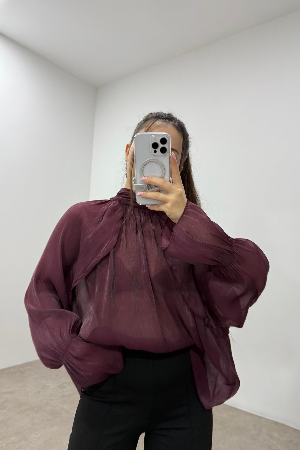 Peri Kumaş Bağlama Detaylı Bordo Şık Bluz