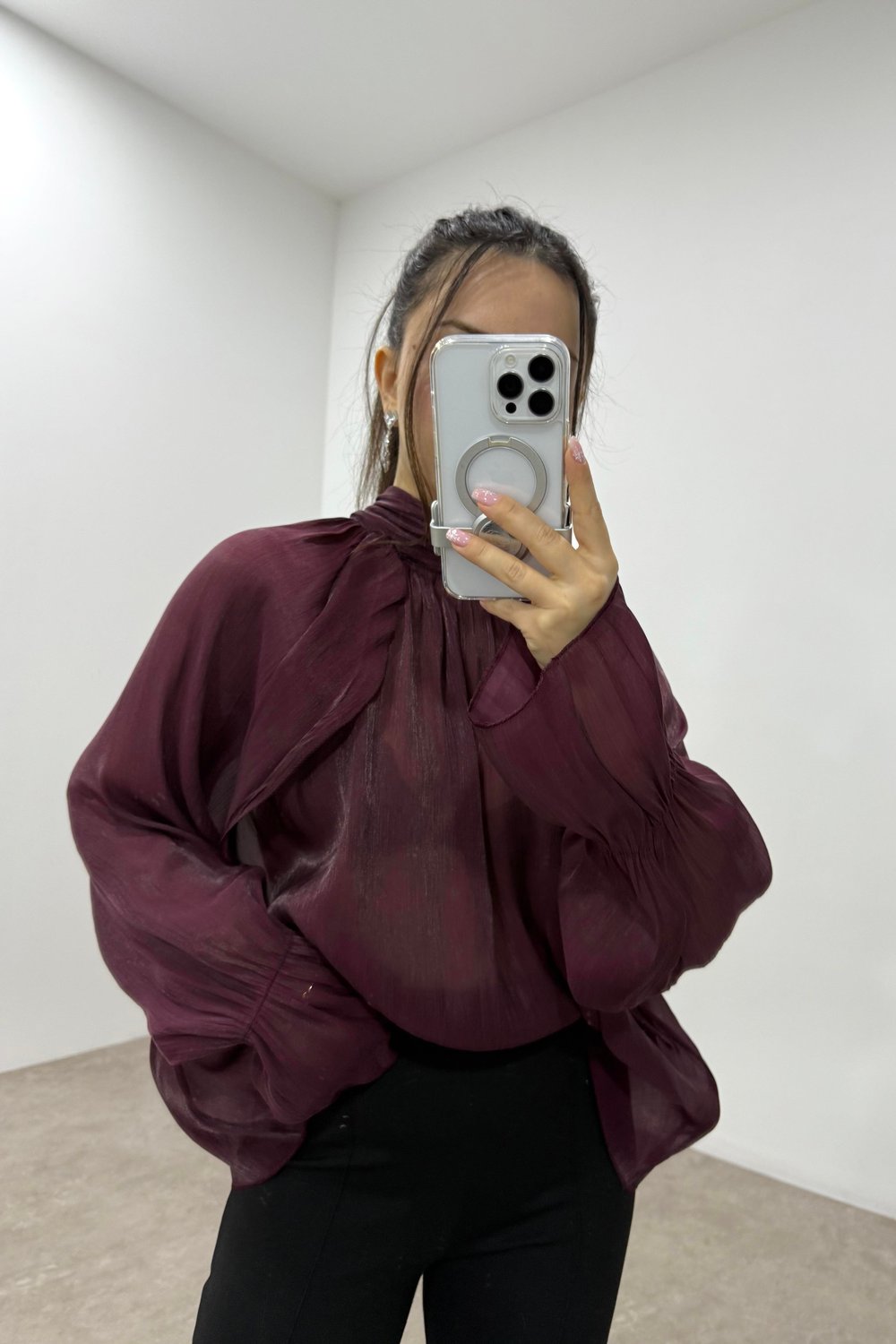 Peri Kumaş Bağlama Detaylı Bordo Şık Bluz