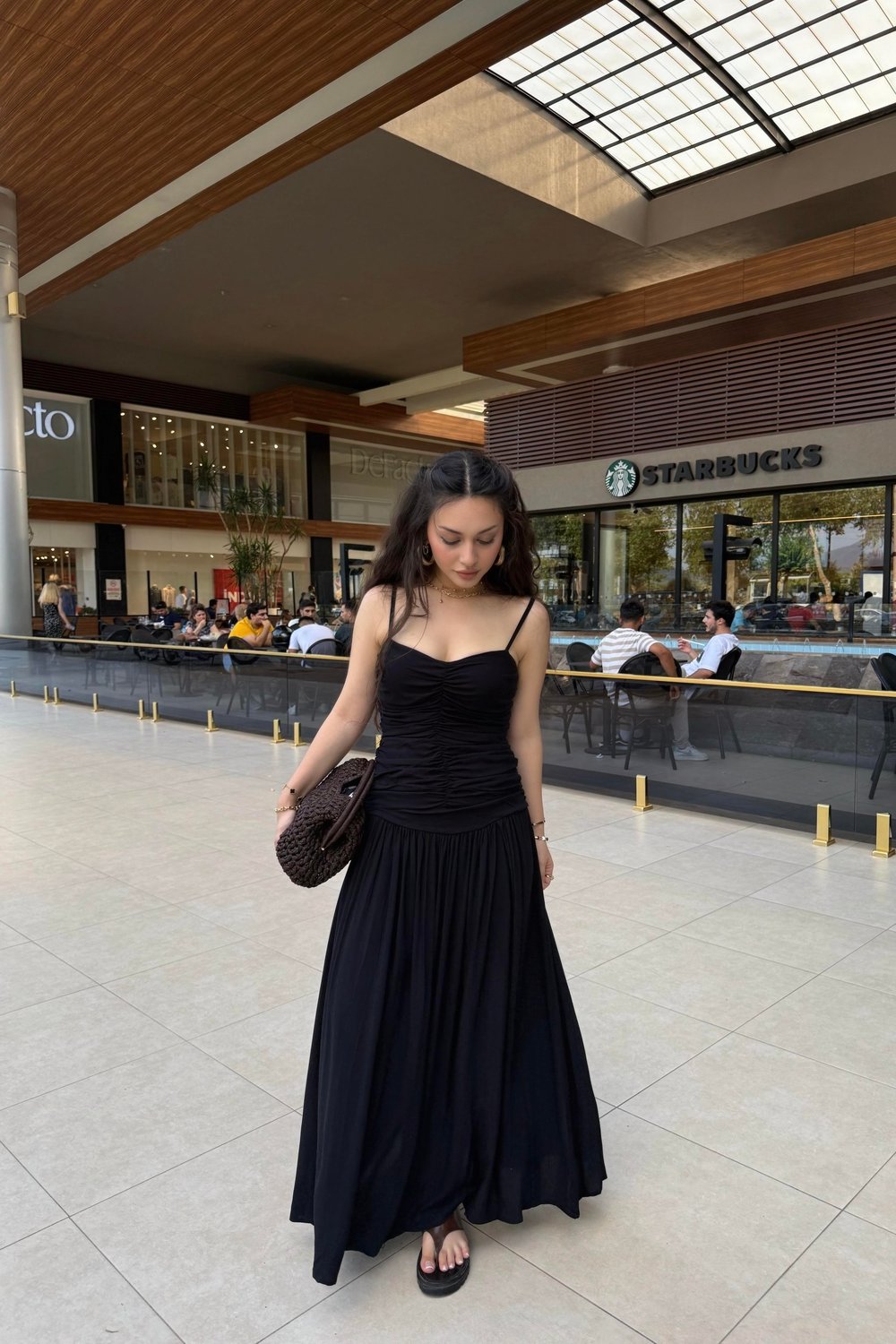 Premium Belden Büzgülü Askılı Maxi Elbise Siyah