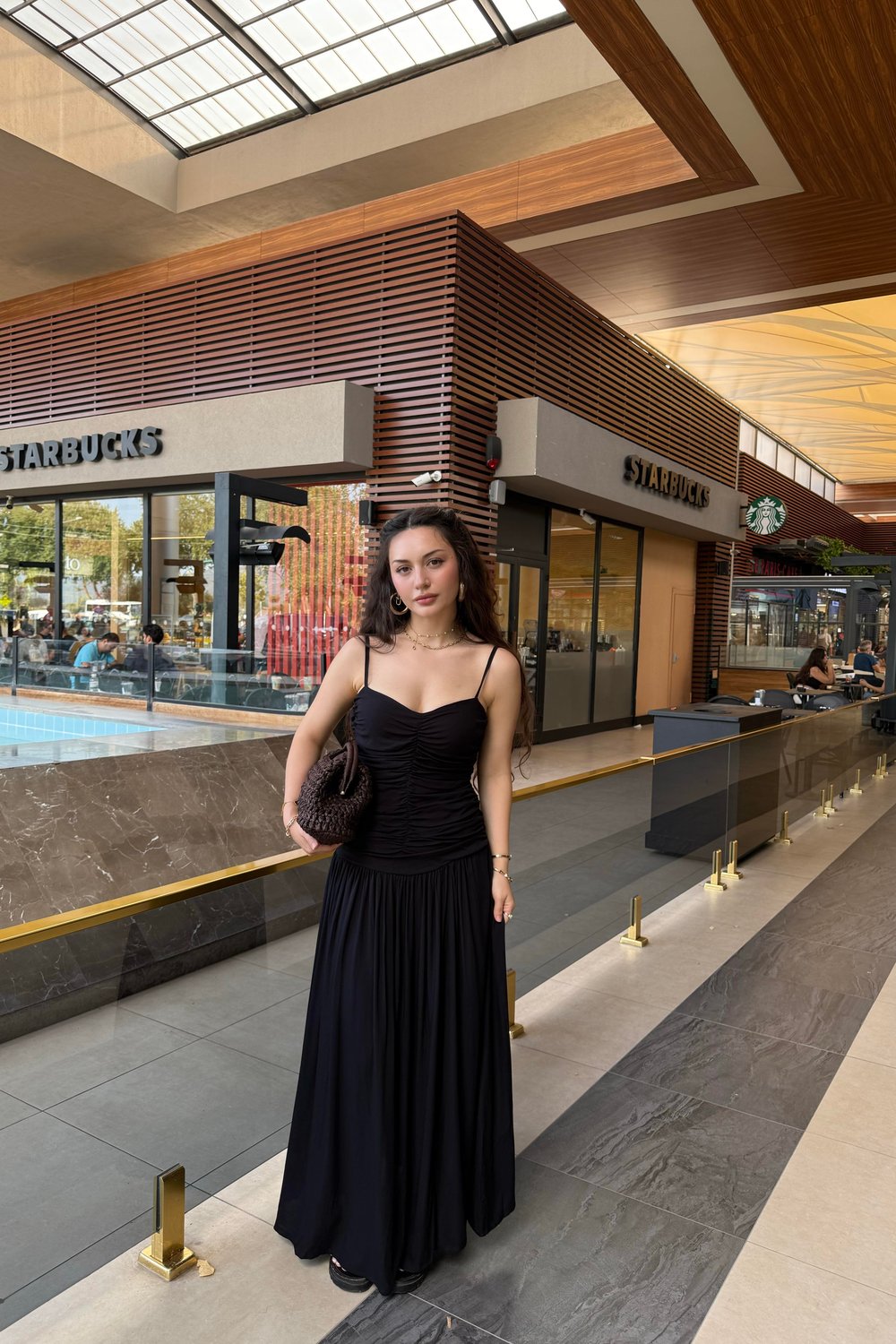 Premium Belden Büzgülü Askılı Maxi Elbise Siyah