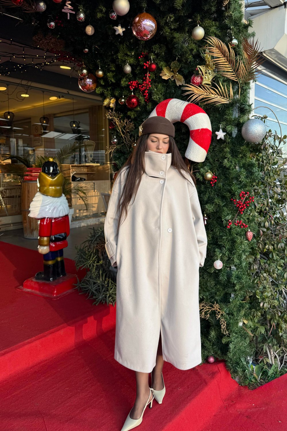 Premium Diana Dik Yakalı Kaşe Kaban Ekru