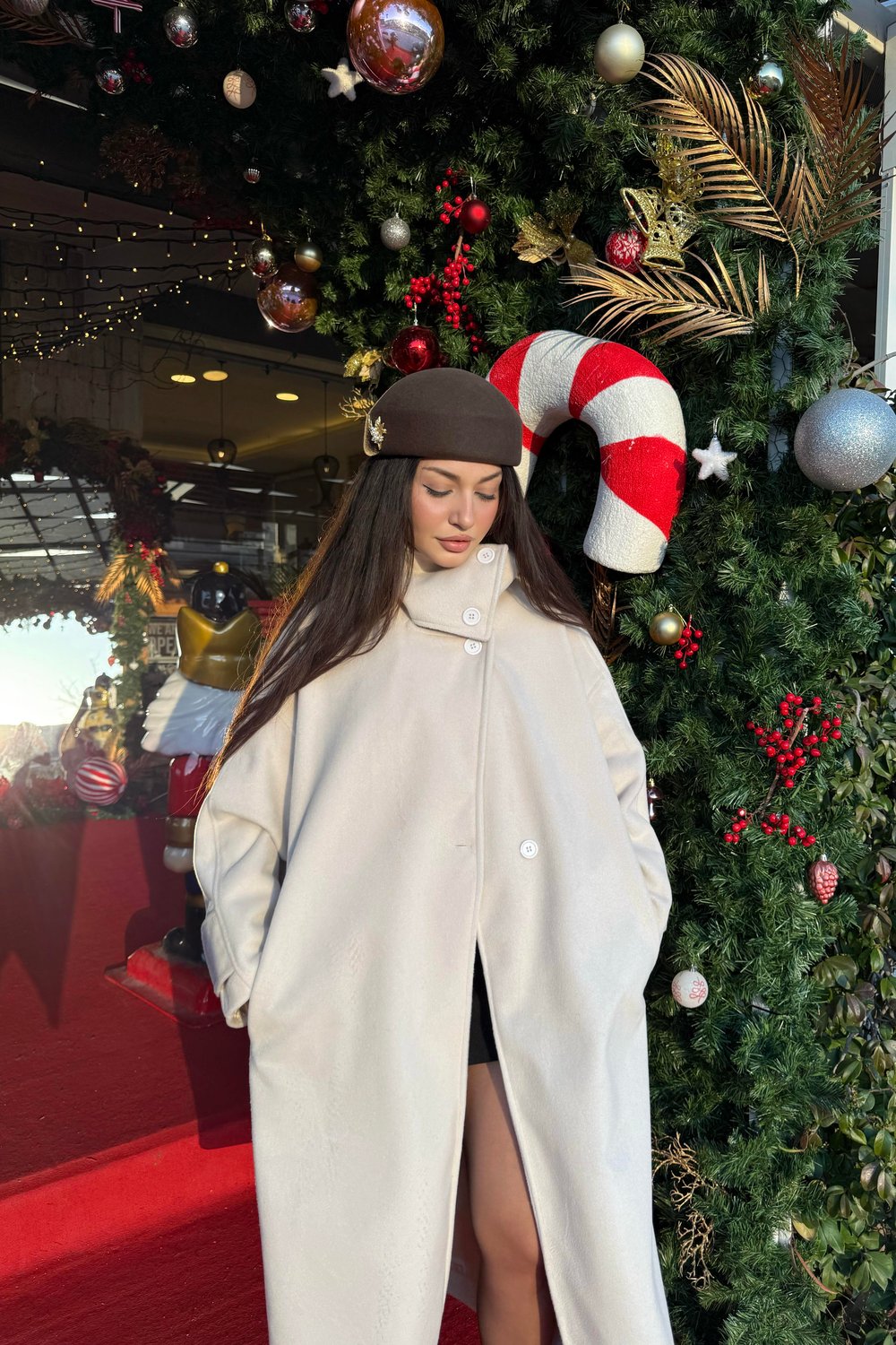 Premium Diana Dik Yakalı Kaşe Kaban Ekru