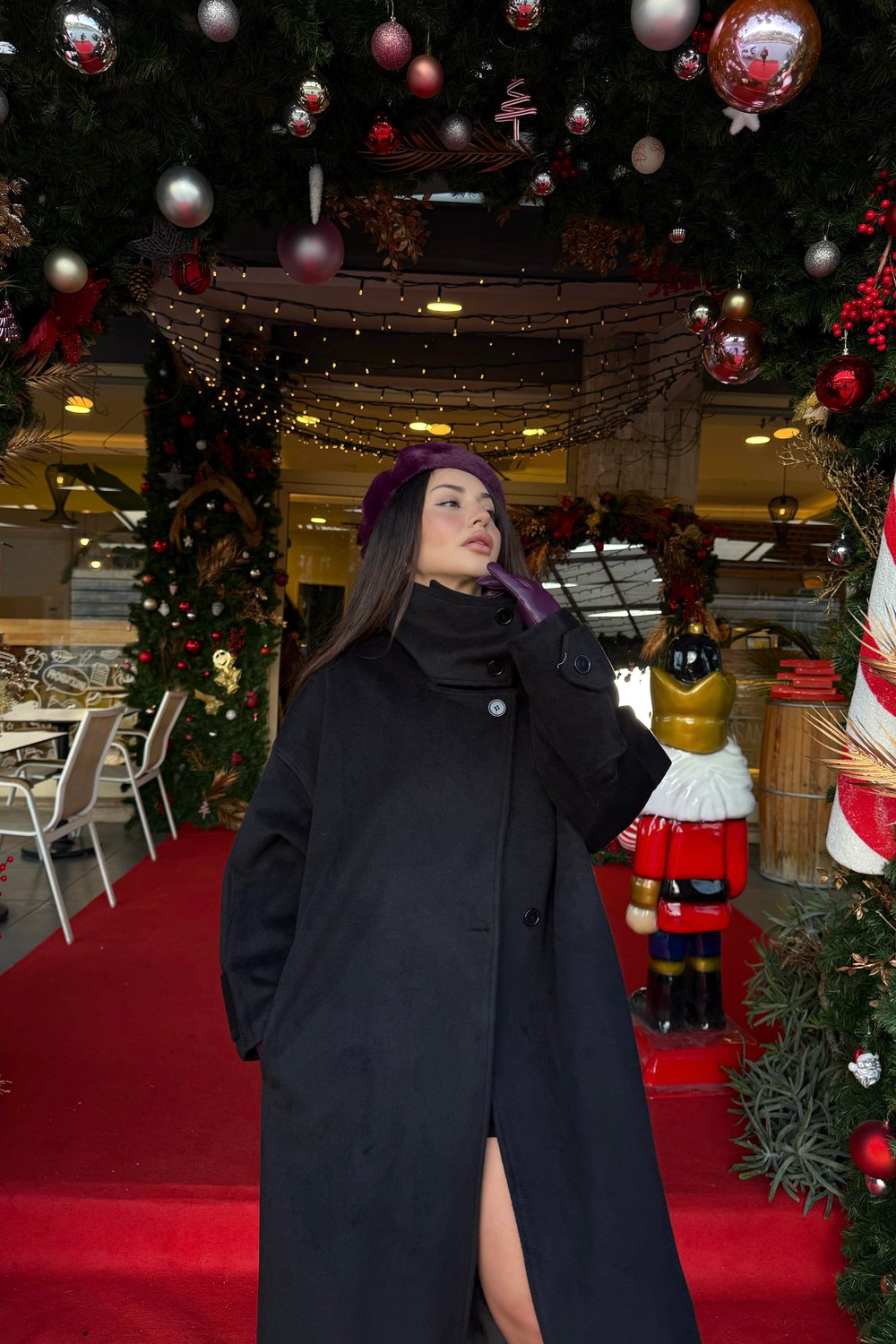 Premium Diana Dik Yakalı Kaşe Kaban Siyah