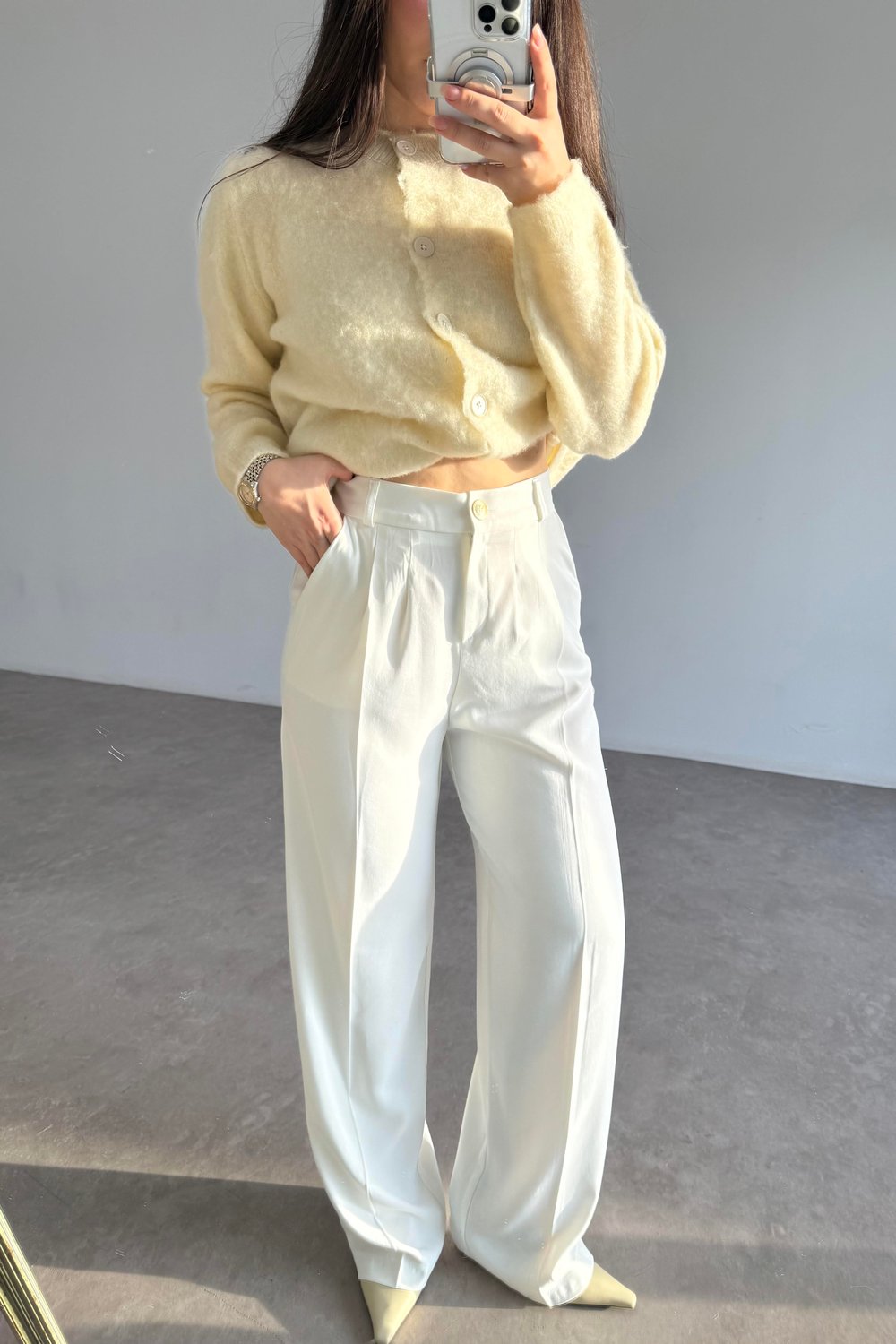 Premium Gold Düğmeli Palazzo Beyaz