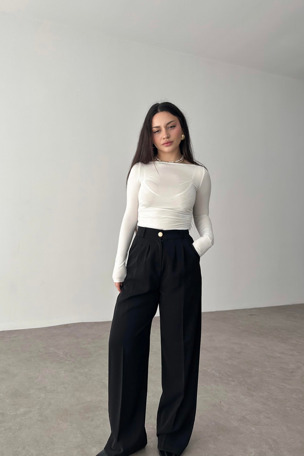 Premium Gold Düğmeli Palazzo Siyah