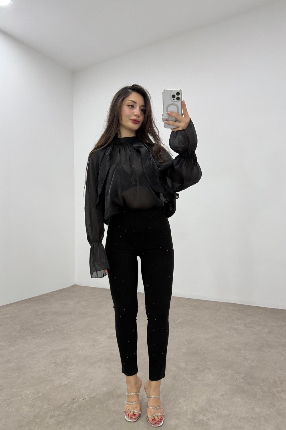 Premium Kaşın Tok Çelik Kumaş Taşlı Siyah Tayt Pantolon