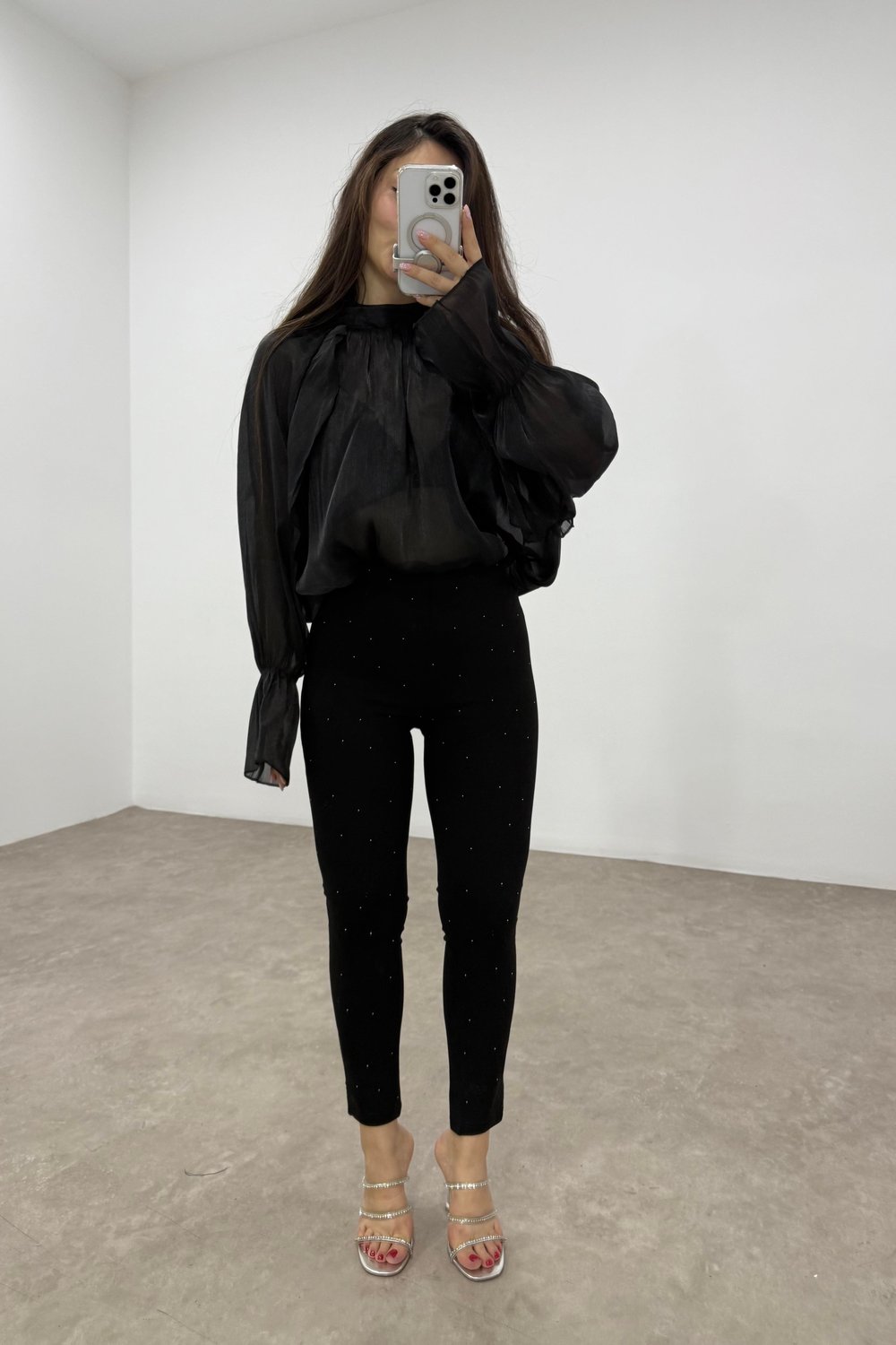 Premium Kaşın Tok Çelik Kumaş Taşlı Siyah Tayt Pantolon