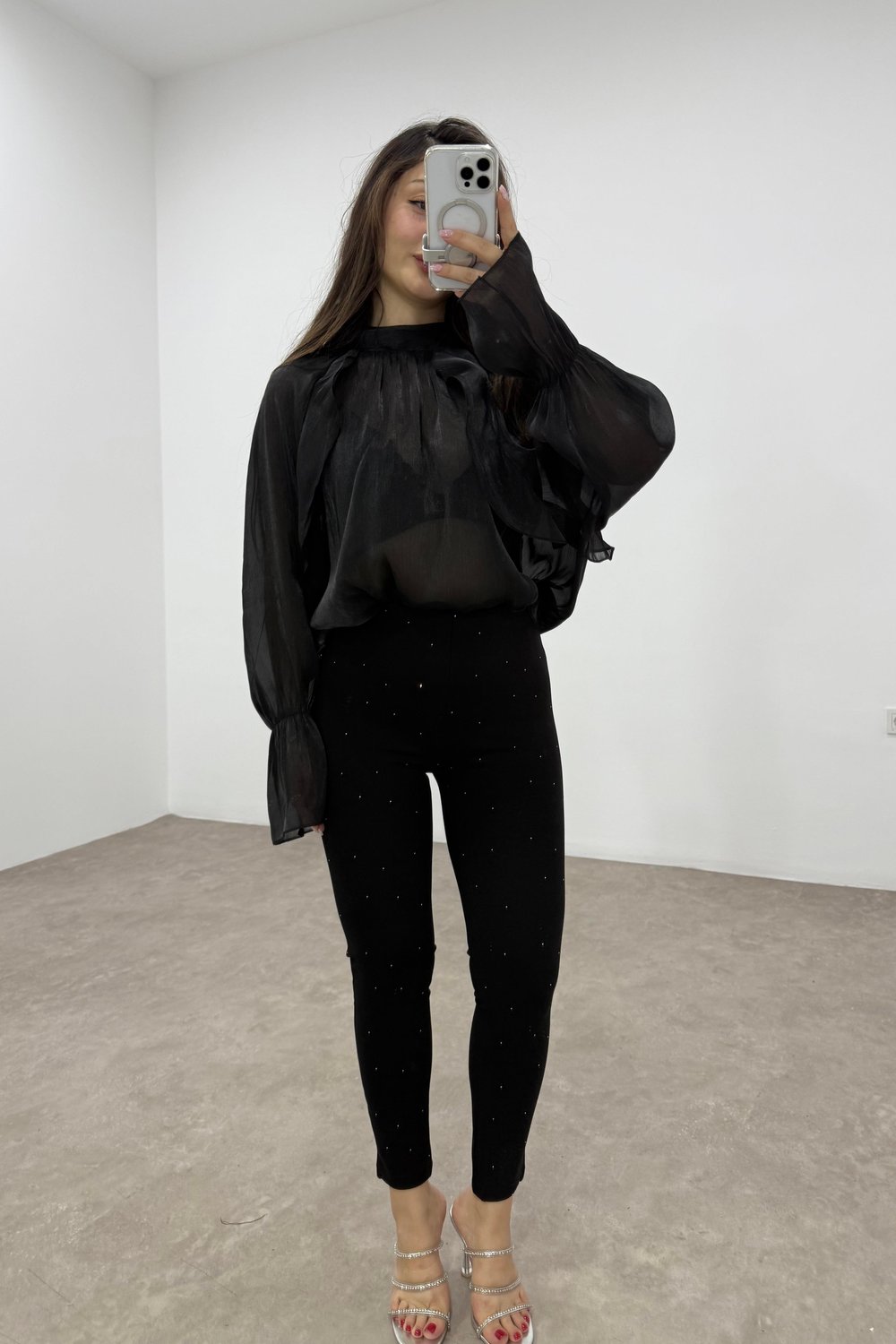 Premium Kaşın Tok Çelik Kumaş Taşlı Siyah Tayt Pantolon