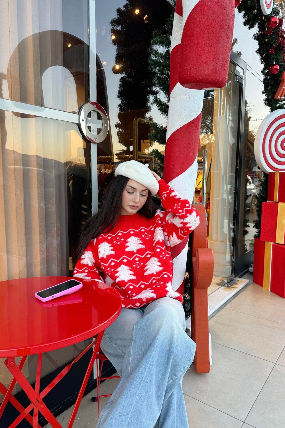 Premium Kırmızı Ağaç Desenli Kalın Kazak