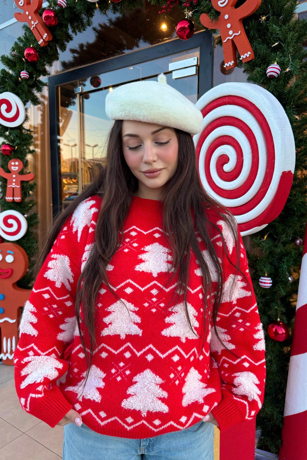 Premium Kırmızı Ağaç Desenli Kalın Kazak