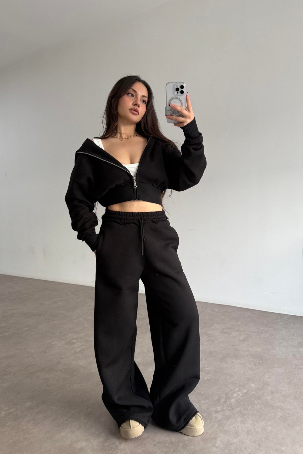 Premium Kısa Ceketli Şardonlu Siyah Eşofman Takımı