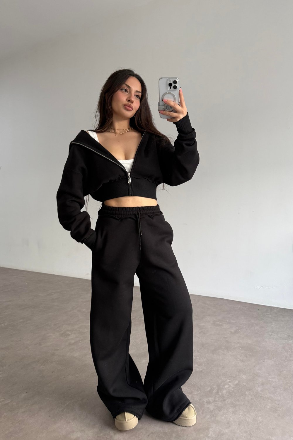 Premium Kısa Ceketli Şardonlu Siyah Eşofman Takımı