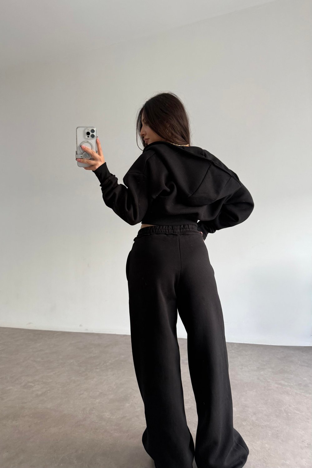 Premium Kısa Ceketli Şardonlu Siyah Eşofman Takımı