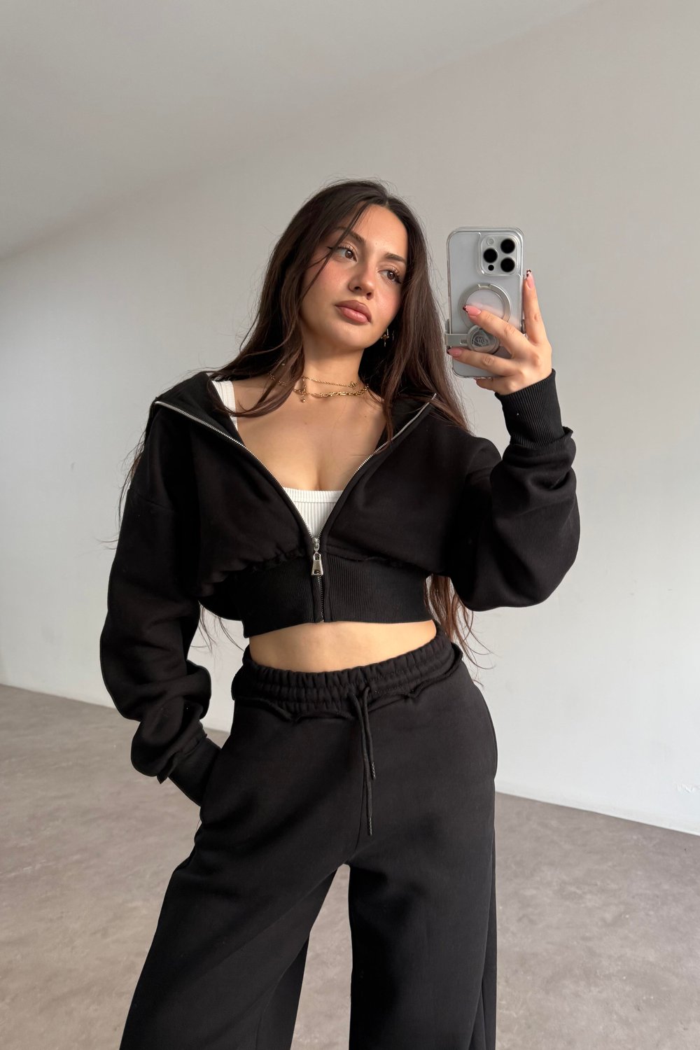 Premium Kısa Ceketli Şardonlu Siyah Eşofman Takımı