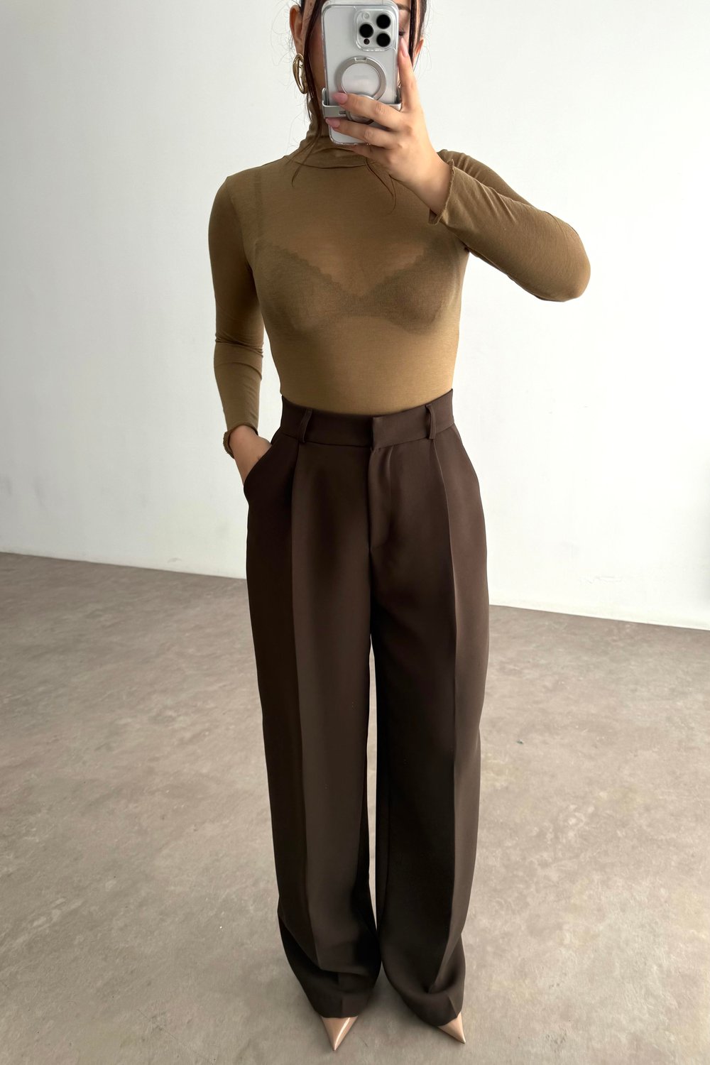 Premium Krep Kumaş Pensli Palazzo Pantolon Kahverengi