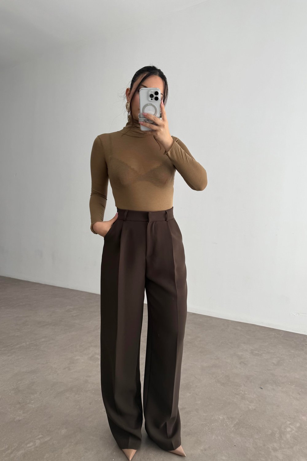 Premium Krep Kumaş Pensli Palazzo Pantolon Kahverengi