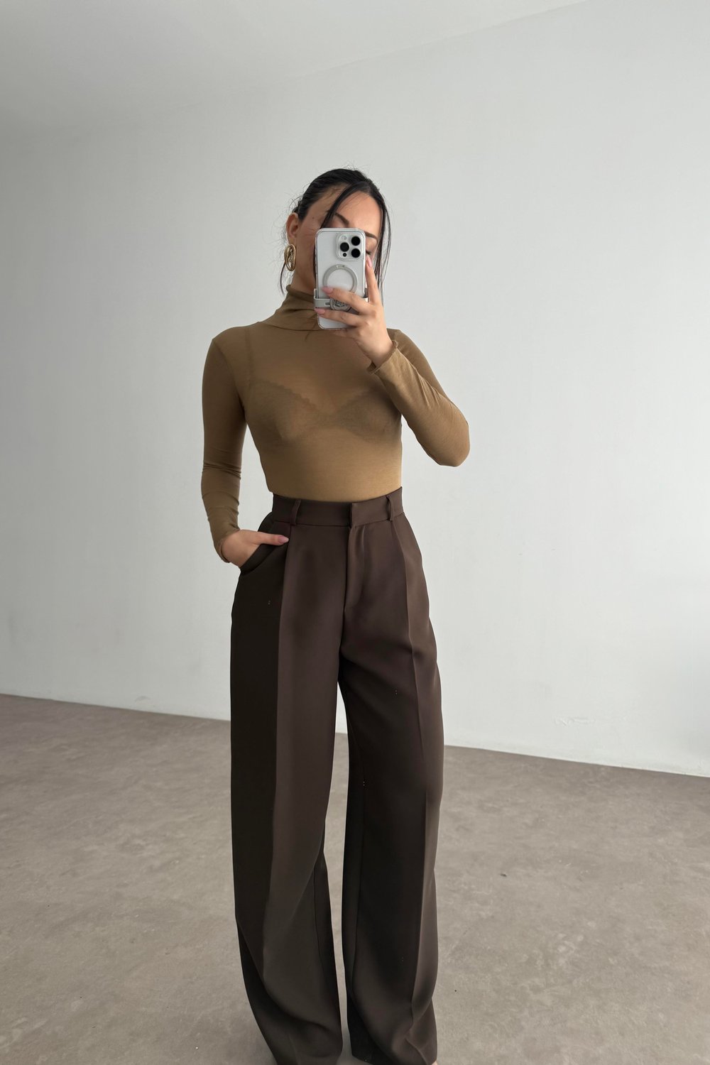Premium Krep Kumaş Pensli Palazzo Pantolon Kahverengi