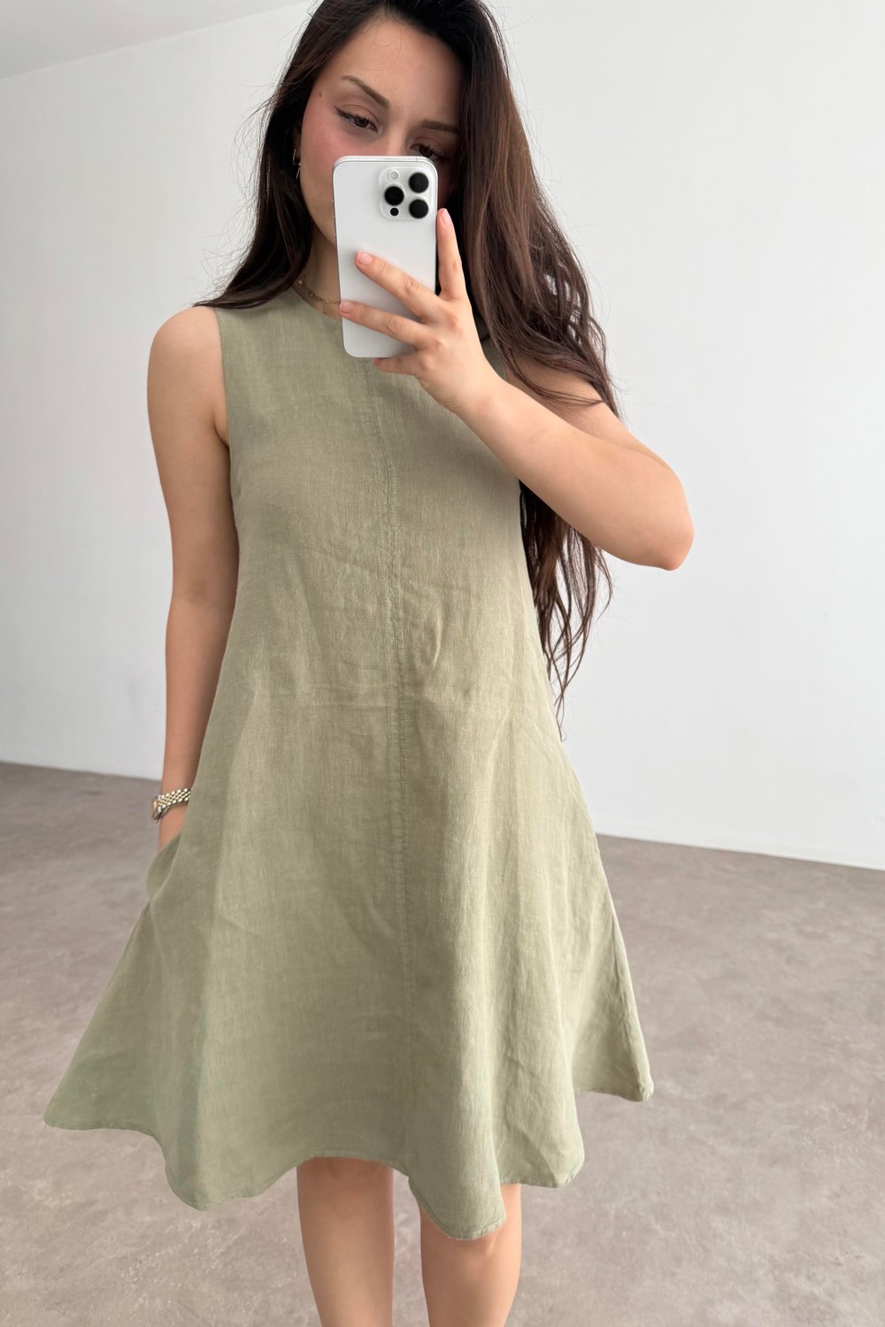 Premium Linen Keten Sıfır Kol Haki Elbise