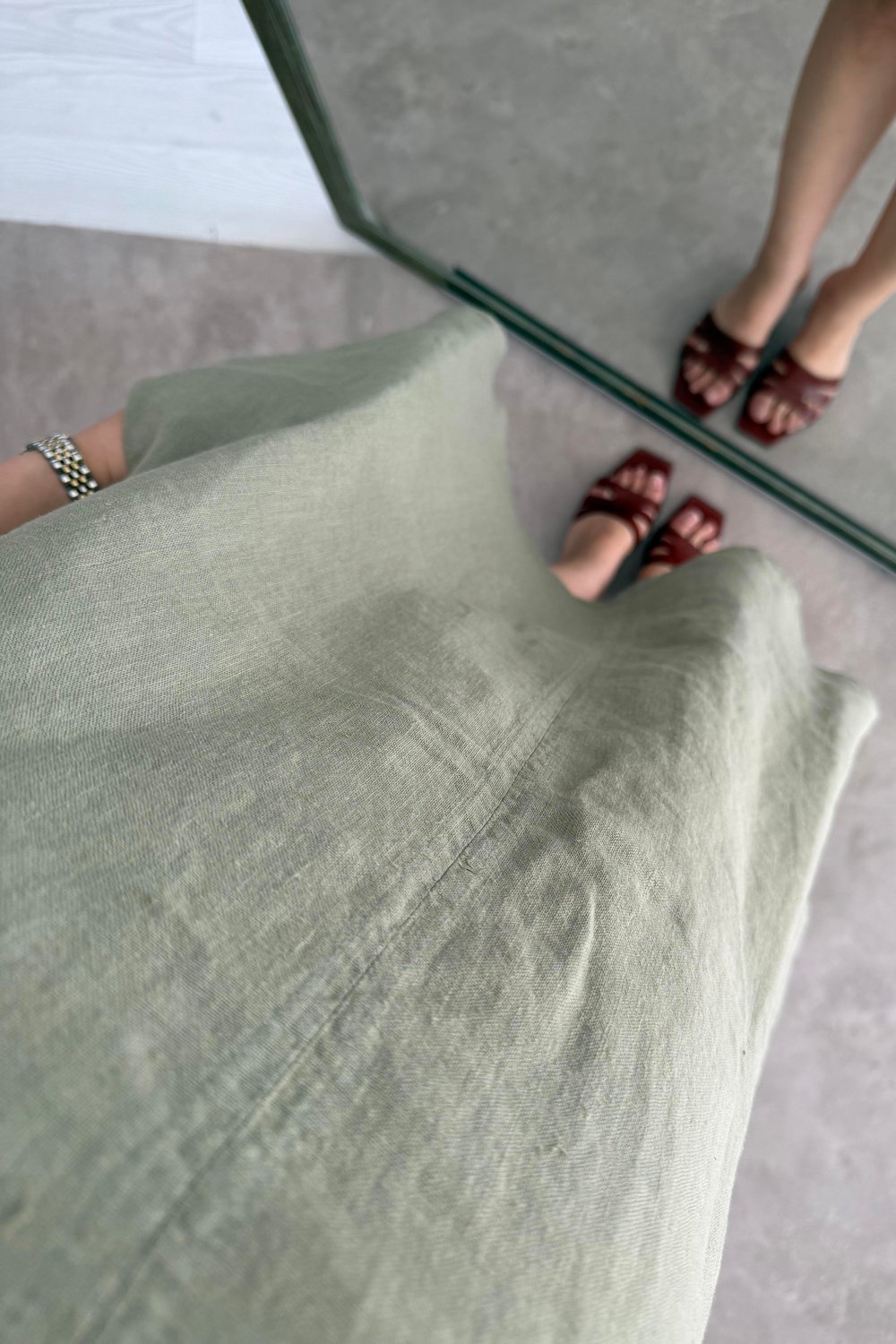 Premium Linen Keten Sıfır Kol Haki Elbise