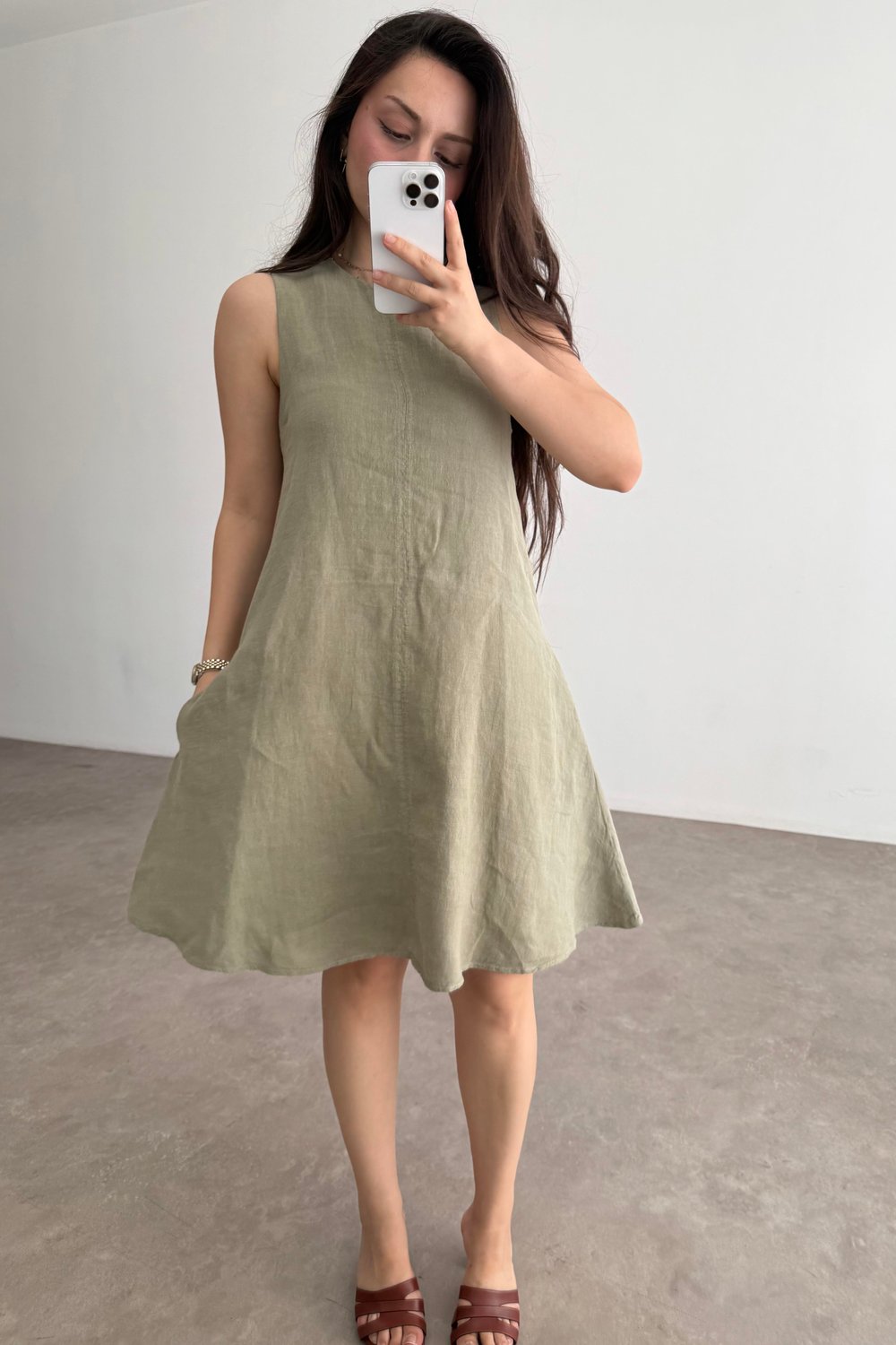 Premium Linen Keten Sıfır Kol Haki Elbise