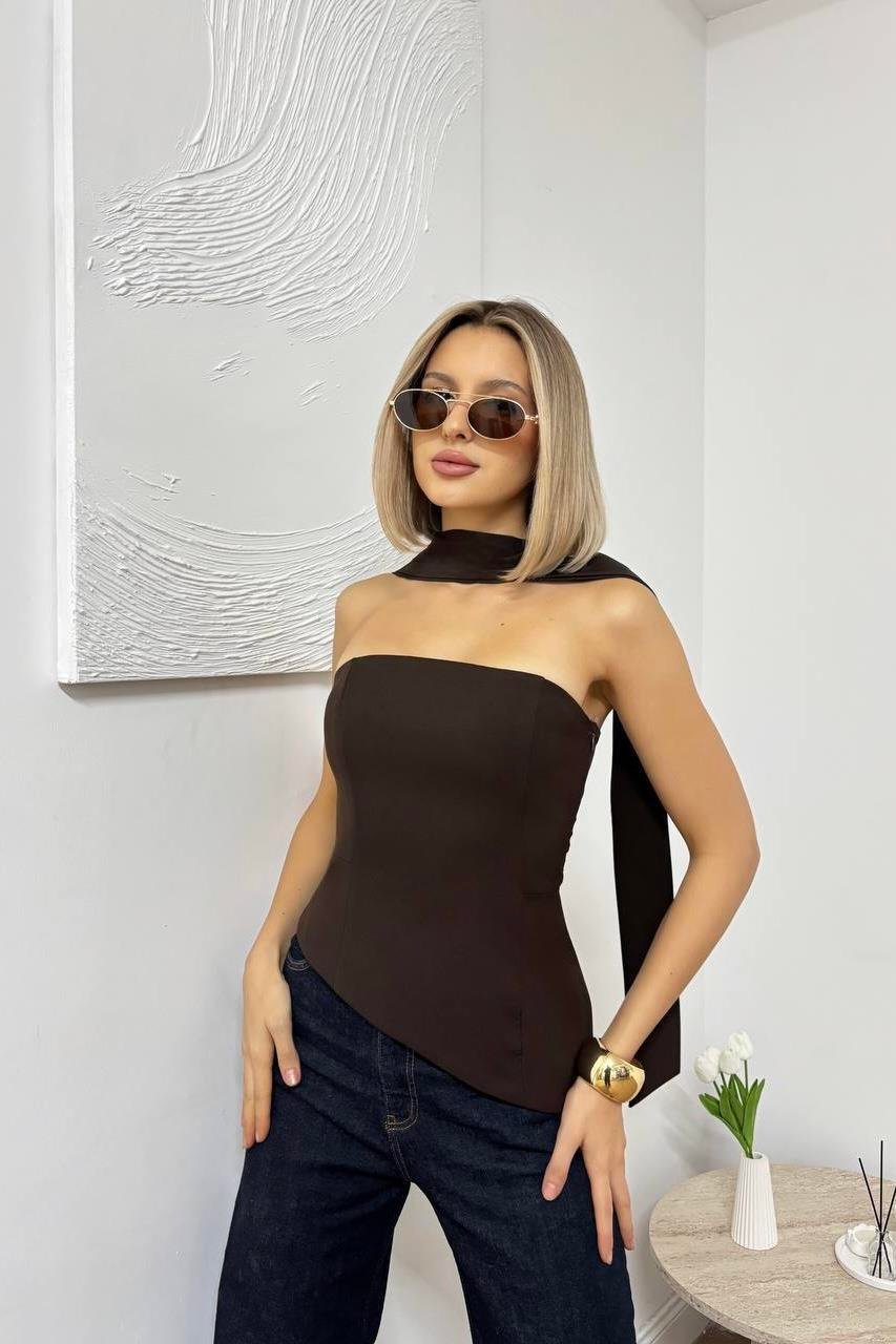 Şal Detaylı Straplez Korse Kahve Bluz