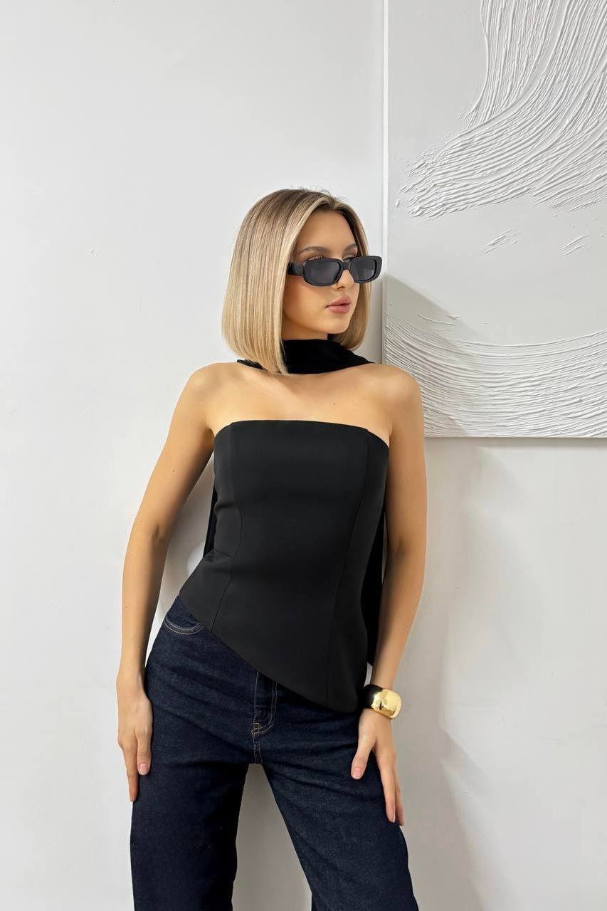 Şal Detaylı Straplez Korse Siyah Bluz