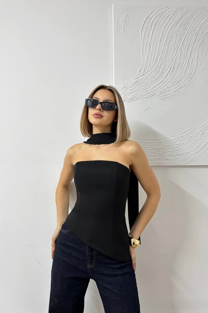 Şal Detaylı Straplez Korse Siyah Bluz