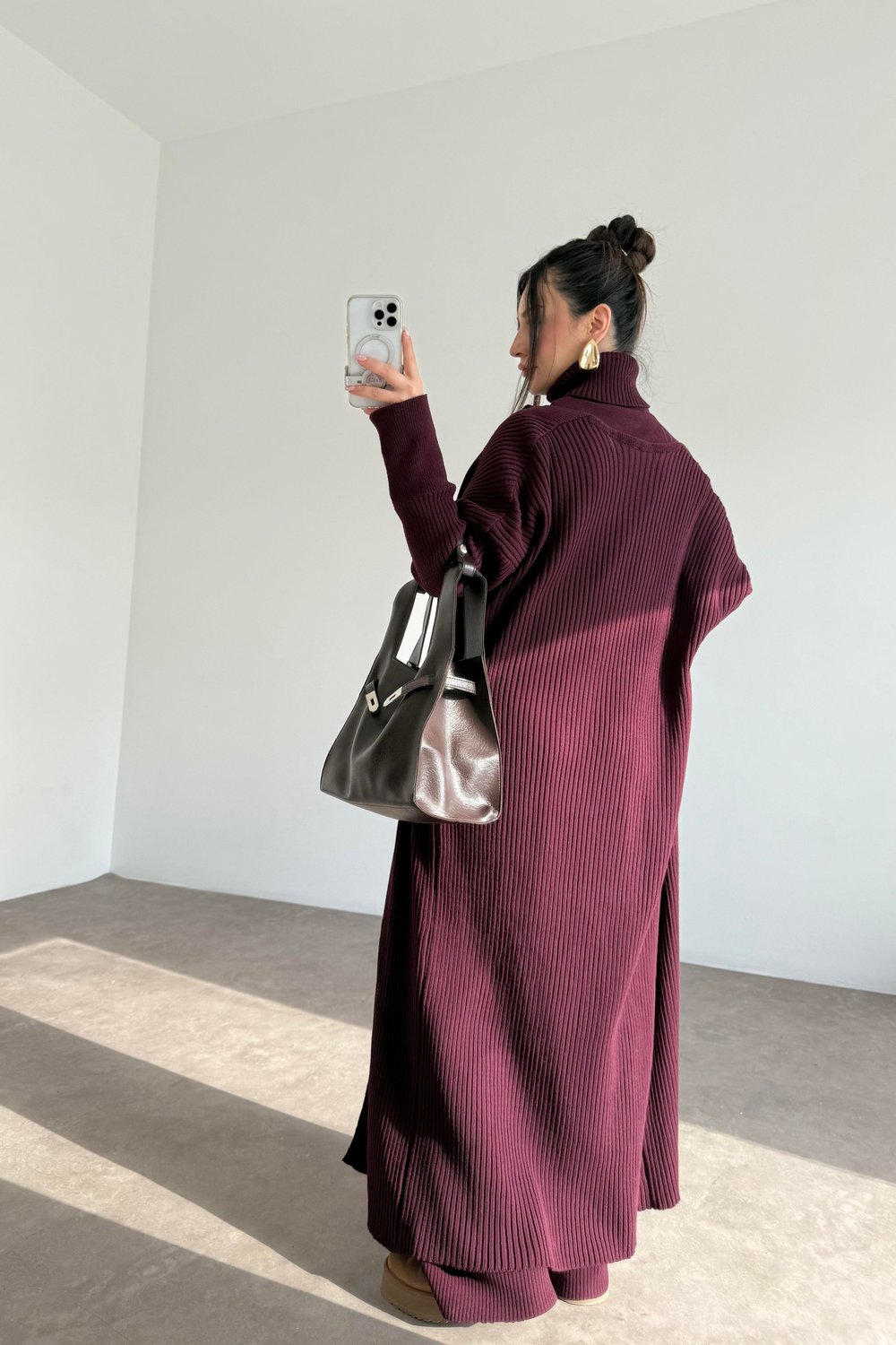 Uzun Hırkalı Pantolonlu Üç Parça Mürdüm Takım