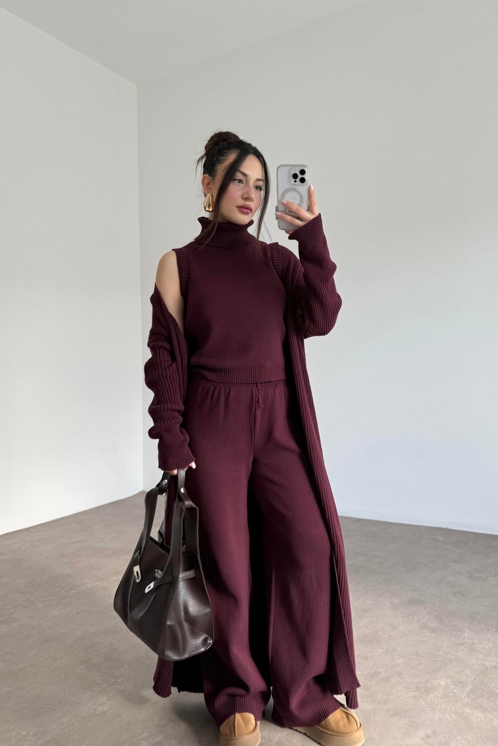 Uzun Hırkalı Pantolonlu Üç Parça Mürdüm Takım