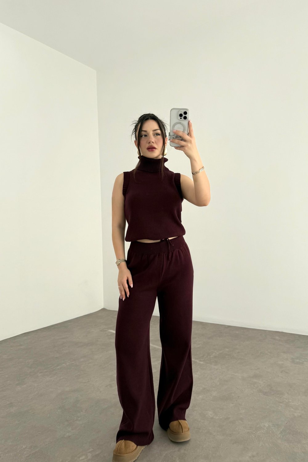 Uzun Hırkalı Pantolonlu Üç Parça Mürdüm Takım