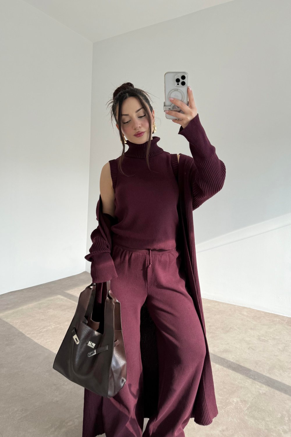 Uzun Hırkalı Pantolonlu Üç Parça Mürdüm Takım