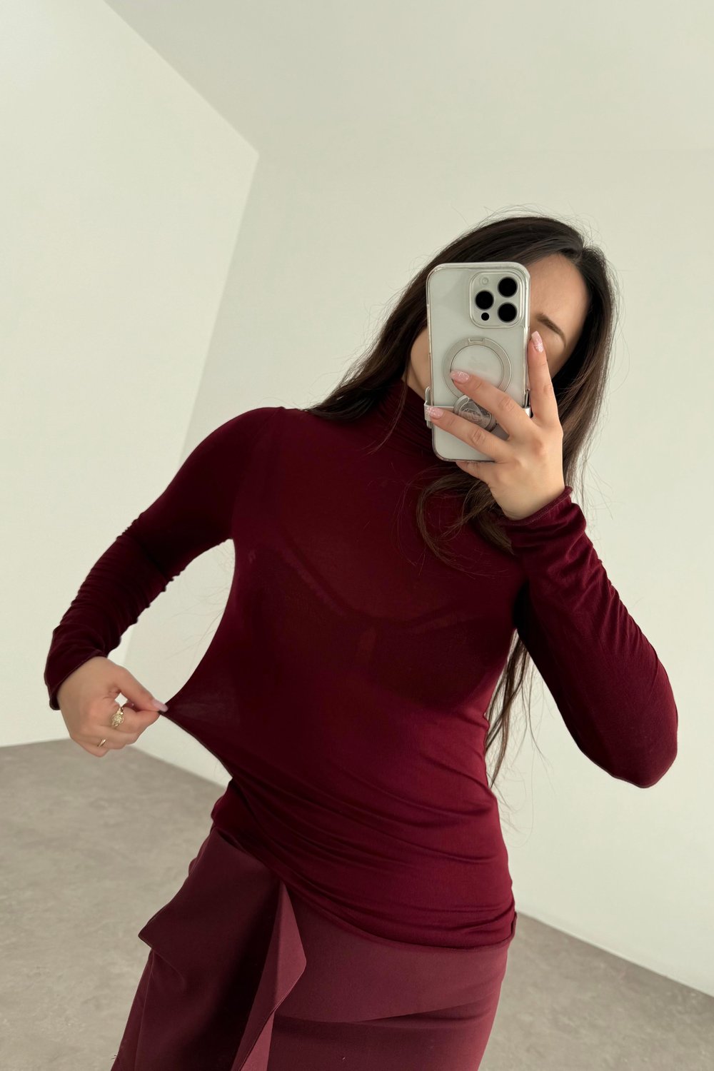 Yarı Transparan Basic Boğazlı Bordo Body